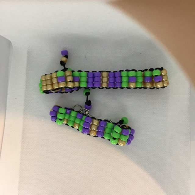 Purple , green and gold beaded Mardi Gras themed necklace and braceletlet