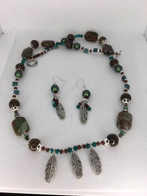 One of a kind ,handcrafted ,beaded Obsidian native american inspired necklace and earring set