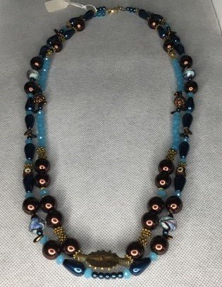Double stranded brown, powder blue and gold necklace. - RK Queen B elegant Jewelry