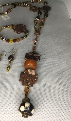 Long single strand gemstone, beaded necklace set with earth tone colors - RK Queen B elegant Jewelry