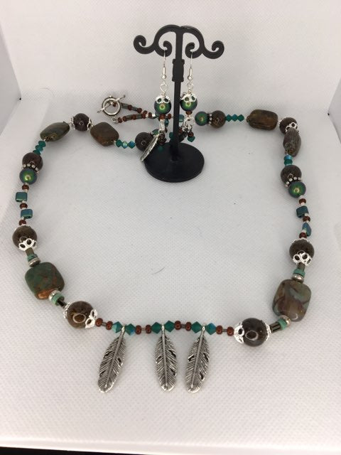 One of a kind ,handcrafted ,beaded Obsidian native american inspired necklace and earring set