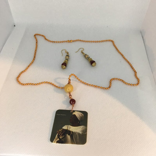 An original necklace and earring set with a Maya Angelou pendant - RK Queen B elegant Jewelry