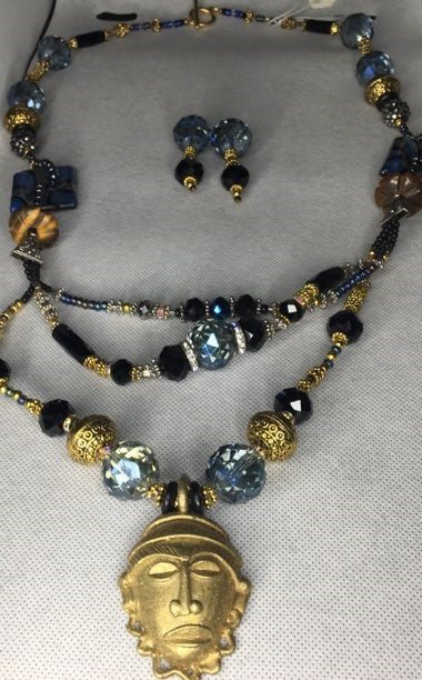 Black, blue, gold and siver layered style necklace set with brass africa mask pendant - RK Queen B elegant Jewelry