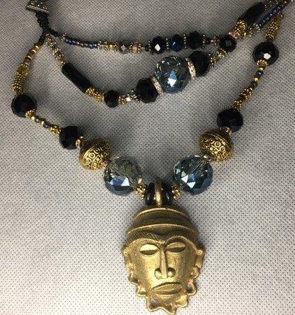 Black, blue, gold and siver layered style necklace set with brass africa mask pendant - RK Queen B elegant Jewelry