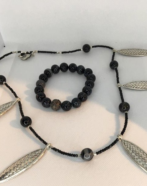 Black panther onyx and metal necklace and bracelet - RK Queen B elegant Jewelry