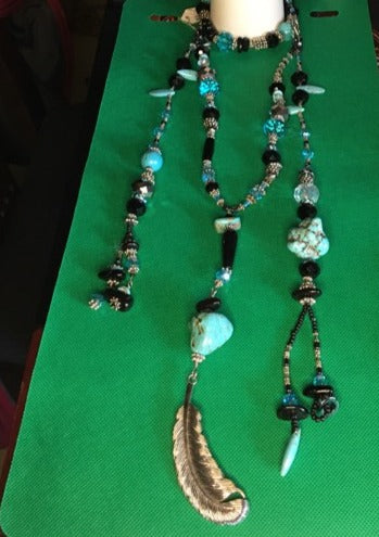 Queen B original one of a kind  native American style layered necklace of turquoise and black onyx