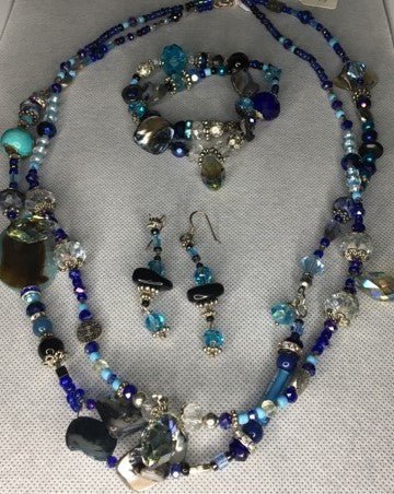 Double stranded blue, black, silver and hemitite designer necklace set. - RK Queen B elegant Jewelry