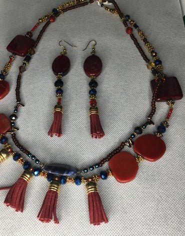 Double stranded blue, carnelian, topaz and black mix bead necklace set. - RK Queen B elegant Jewelry