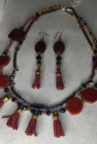 Double stranded blue, carnelian, topaz and black mix bead necklace set. - RK Queen B elegant Jewelry