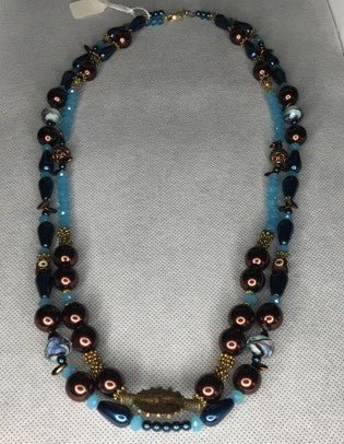 Double stranded brown, powder blue and gold necklace. - RK Queen B elegant Jewelry