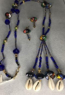 Long cobalt blue, copper and topaz beaded necklace set, accented with dangling carty shells. - RK Queen B elegant Jewelry