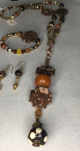 Long single strand gemstone, beaded necklace set with earth tone colors - RK Queen B elegant Jewelry